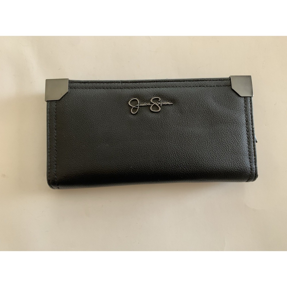 Jessica Simpson Women's Black Continental Wallet Clutch Gunmetal Logo Card Slots